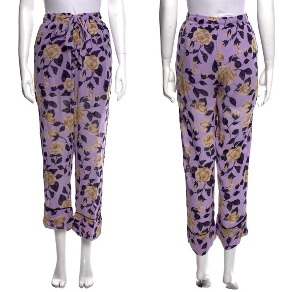 GANNI Floral Georgette High Rise Drawstring Waist Ankle Crop Wide Leg Pants 2 - Picture 3 of 7